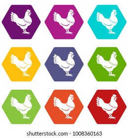 Hen icon set many color hexahedron isolated on white vector illustration