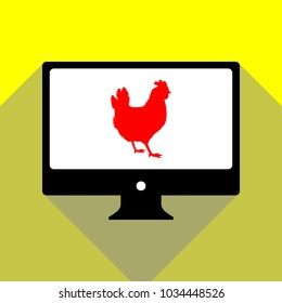 Hen icon. Vector. Red icon on white monitor of black all-in-one desktop computer with two shadows at yellow background.