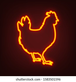 Hen icon. Yellow, orange, red neon icon at dark reddish background. Illumination. Illustration.