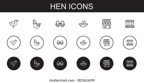 hen icons set. Collection of hen with chicken, organic eggs, chick, meat, chicken coop. Editable and scalable hen icons.