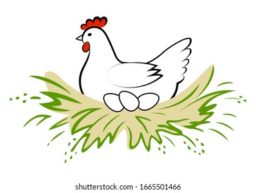 Hen incubate eggs in the nest on white background. Vector logo chicken farm. Products from chicken meat and eggs. Poultry farm.