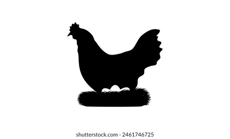 Hen incubates eggs, black isolated silhouette