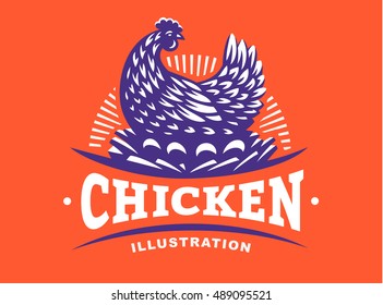 Hen incubates the eggs emblem on red background