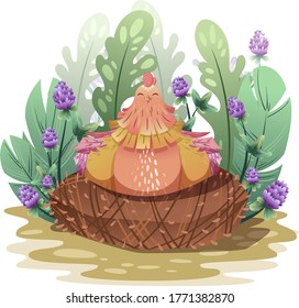 The hen incubates the eggs on the nest.