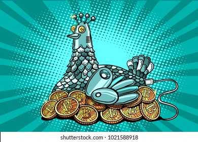 The hen incubates electronic money bitcoin. Comic cartoon pop art illustration retro vintage kitsch vector