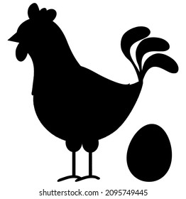 Hen laying egg, Rooster icon, cock black silhouette isolated on white background. Vector stock illustration