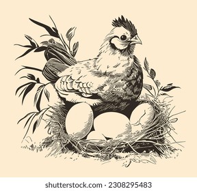 Hen laying eggs in the nest retro sketch hand drawn in doodle style illustration