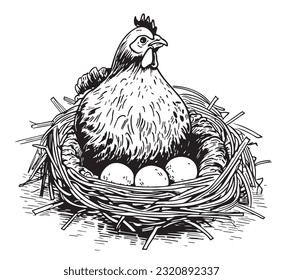 Hen laying eggs in the nest retro sketch hand drawn in engraving style illustration