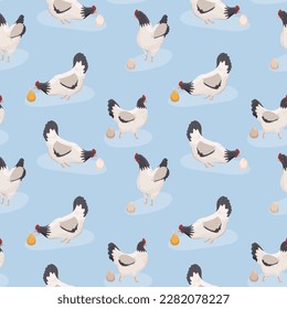 Hen laying golden eggs. Easter decorative seamless pattern with eggs and chickens. Funny and happy cage free chicken. Vector illustration.