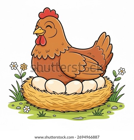 a hen laying and incubating 5 eggs