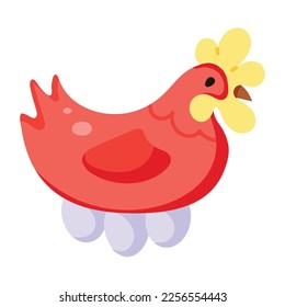 Hen laying on eggs, colorful icon of hen nest 