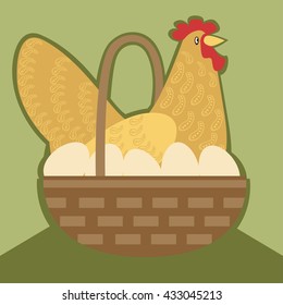 The hen lays eggs. Advertise chicken meat and eggs. Vector illustration.