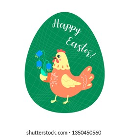 Hen lays flowers bells. Card in the shape of an egg for a Happy Easter. Vector