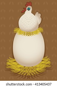 The hen lays a large egg. Advertisement chicken meat and eggs. Vector illustration.