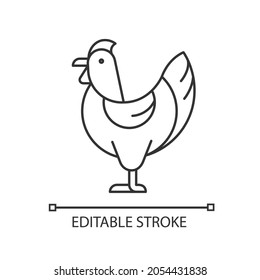 Hen linear icon. Female chicken. Broiler and layer pullet. Nesting yardbird. Poultry farming. Thin line customizable illustration. Contour symbol. Vector isolated outline drawing. Editable stroke