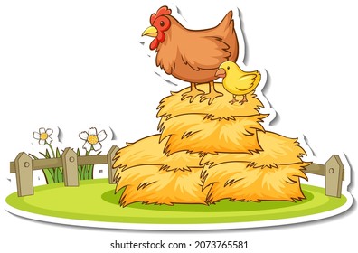 Hen with little chick standing on haystack sticker illustration