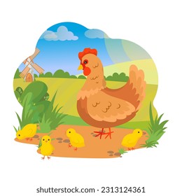 hen with little yellow chicks. Agricultural animals. Domestic birds. Village. Farm. Vector illustration on a white background.