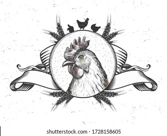 Hen logo or emblem design, trade symbol with bird head in circle, vintage style ribbons and wheat ears