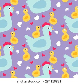 Hen and lovely chickens seamless pattern. Fully editable vector illustration. Perfecr for informational cards, plates, posters.