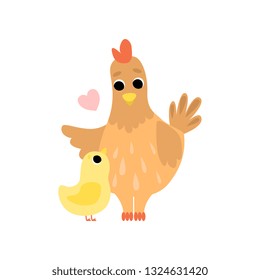 Hen Mother and Its hicken, Cute Farm Birds Family Vector Illustration on White Background. Vector Illustration