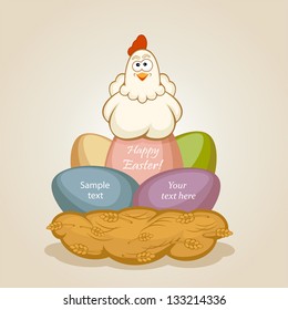 Hen in a nest on Easter eggs, illustration.