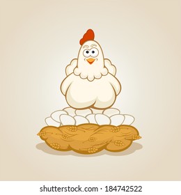 Hen in a nest on eggs, illustration.