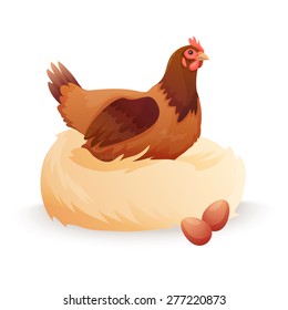 Hen in nest sitting on eggs.. Vector illustration