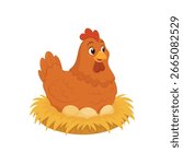 Hen nesting on eggs in a straw nest. The cartoon chicken has a red comb and brown feathers.