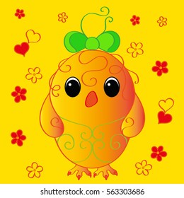 Hen on a background of hearts and flowers. Vector illustration of a chicken on a yellow background. Signboard cafe, postcard, banner, label.
