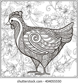 Hen on floral background. Coloring book for adult and older children. Coloring page. Outline drawing. Vector illustration.