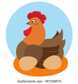  Hen on nest with eggs on a blue background.