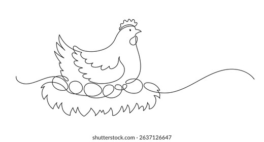Hen on the nest with eggs. Continuous line drawing.