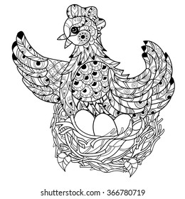 Hen on nest. Hand drawn decorative farm animal.Zentangle Vector illustration. Sketch for tattoo or coloring.