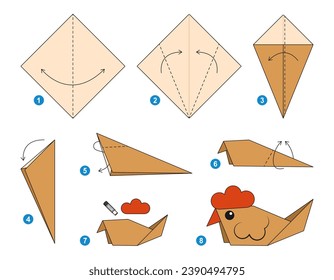 Hen origami scheme tutorial moving model. Origami for kids. Step by step how to make a cute origami bird. Vector illustration.