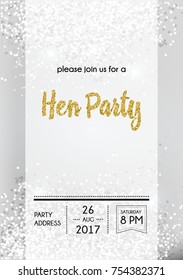 Hen party, bachelorette party, bridal shower calligraphy invitation card, banner or poster graphic design with silver and golden vector glitter elements.