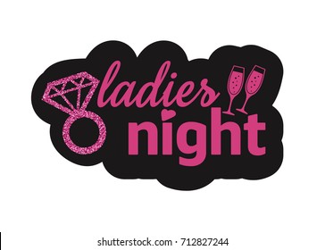 Hen Party Bachelorette vector element for cards, t-shirts, stickers, invitations. Pink text sigh ladies night with champagne glasses and ring with diamond on black background.