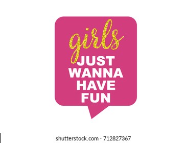 Hen Party Bachelorette vector element for cards, t-shirts, stickers, invitations. Pink sign with text Girls just wanna have fun with golden glitter.