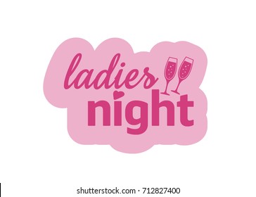 Hen Party Bachelorette vector element for cards, t-shirts, stickers, invitations. Pink text sigh ladies night with champagne glasses on light pink background.