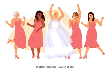 Escena de celebración de la fiesta de Hen. Novia usando vestido de novia y grupo de amigas de chicas bailando musicalmente con divertida ilustración vectorial. Concepto de preparación de la ceremonia de matrimonio