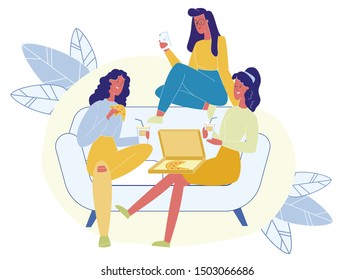 Hen Party, Female Friendship Vector Illustration. Cheerful Young Girlfriends Cartoon Characters. Women Talking, Eating Delicious Pizza and Drinking Soda. Ladies Sitting on Couch. Friends Communication