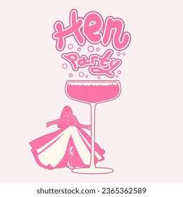 Hen party icon with bride, glass and crown. Pink banner.