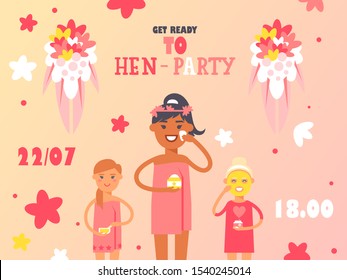 Hen party invitation, vector illustration. Beauty procedures for women, skin care treatment at home. Girlfriends preparing for wedding, fun bachelorette party announcement. Woman applying face mask
