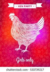 Hen party poster. Hen party logo with chicken. Hen party isolated on color.