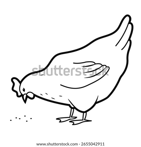 Hen pecks at the grains. Outline isolated on white background illustration. 