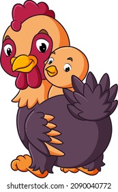 The hen is playing with the small chicken of illustration 