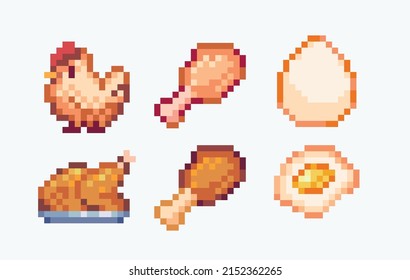 Hen Produce: Meat And Eggs Pixel Art Set. Cooked Chicken Fillet, Leg, And Scrambled Eggs Collection. 8-bit Sprite. Game Development, Mobile App.  Isolated Vector Illustration.