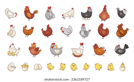 Hen rooster and chick. Cute chicken farm characters. Vector drawing. Collection of design elements.