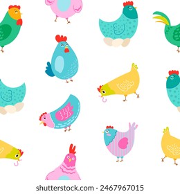 Hen rooster and chick. Seamless pattern. Cute chicken farm characters. Vector drawing. Design ornaments.