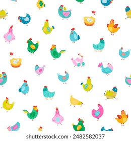 Hen rooster and chick. Seamless pattern. Cute chicken farm characters. Vector drawing. Design ornaments.