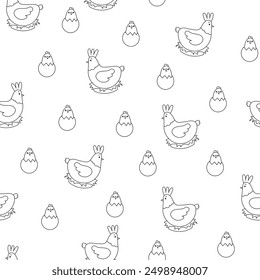 Hen rooster and chick. Seamless pattern. Coloring Page. Cute chicken farm characters. Vector drawing. Design ornaments.